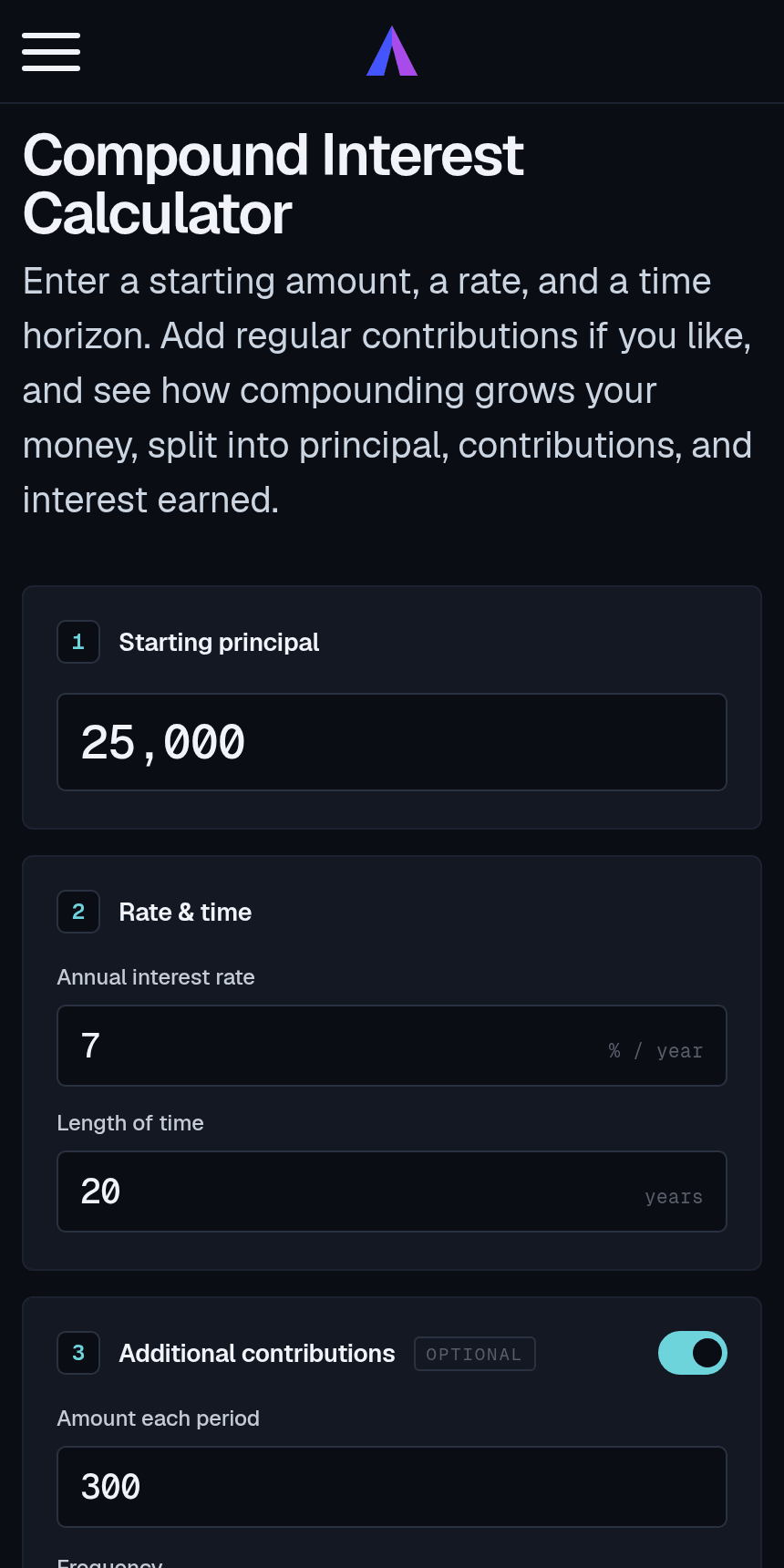 Calculadora de interés compuesto funcionando en un móvil