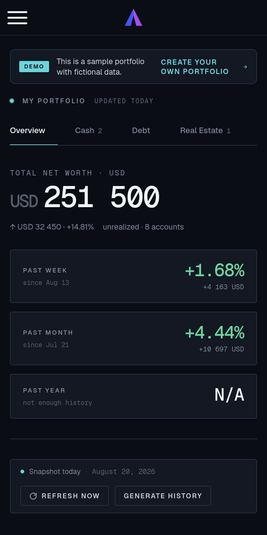 Resumen de cartera en un móvil con el patrimonio neto y la variación semanal